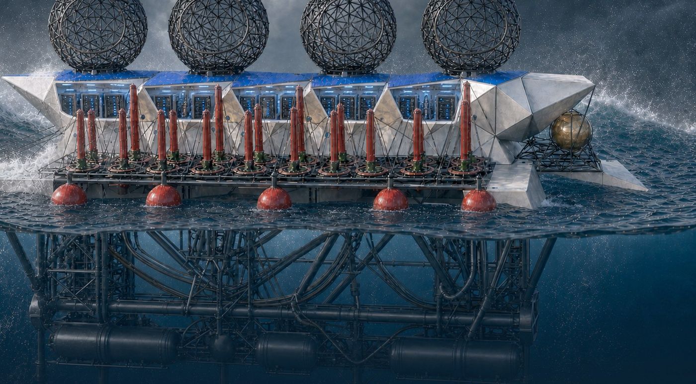 Rendering of the platform showing the deck, floats and structure below the waterline